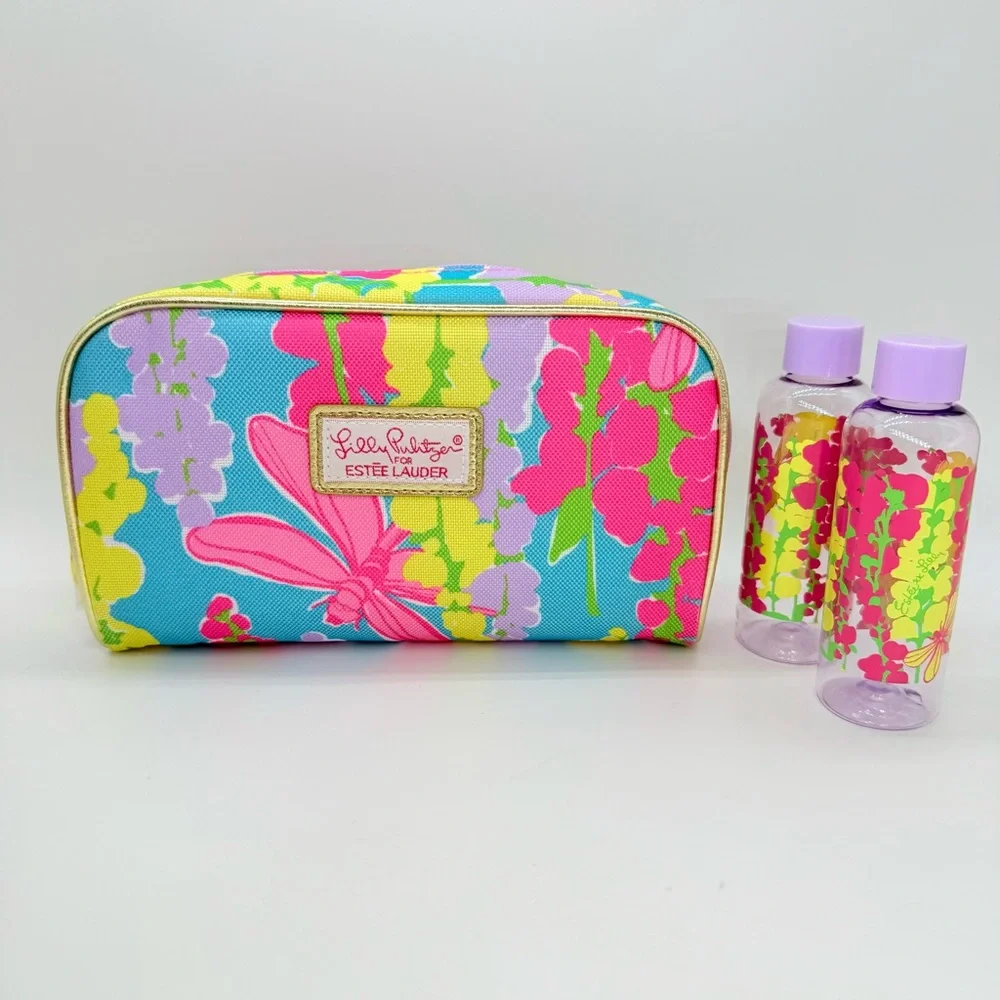 Lilly Pulitzer x Estee Lauder Blue Pink Cosmetic Makeup Bag 2 Travel Containers